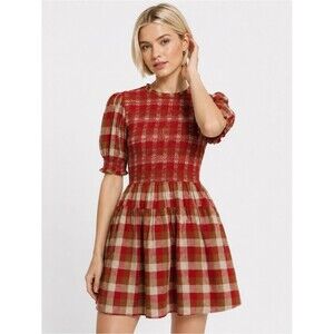 AUREUM Smocked Checkered Mini Dress Red Brown Plaid Cottagecore Prairie Size S
